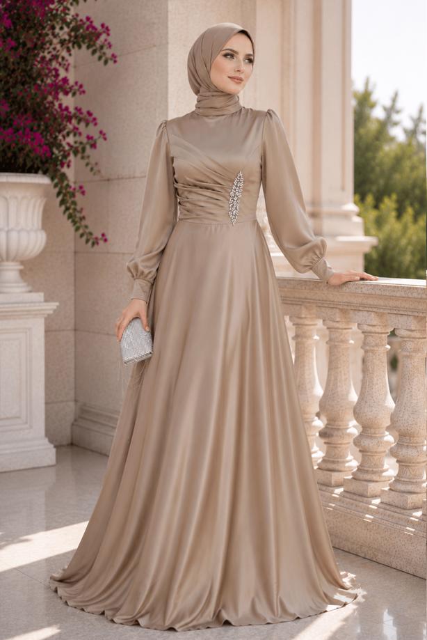 Hijab clothing BEIGE SATIN EVENING DRESS T 1626 - TRENDTESETTÜR