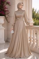 Hijab clothing BEIGE SATIN EVENING DRESS T 1626
