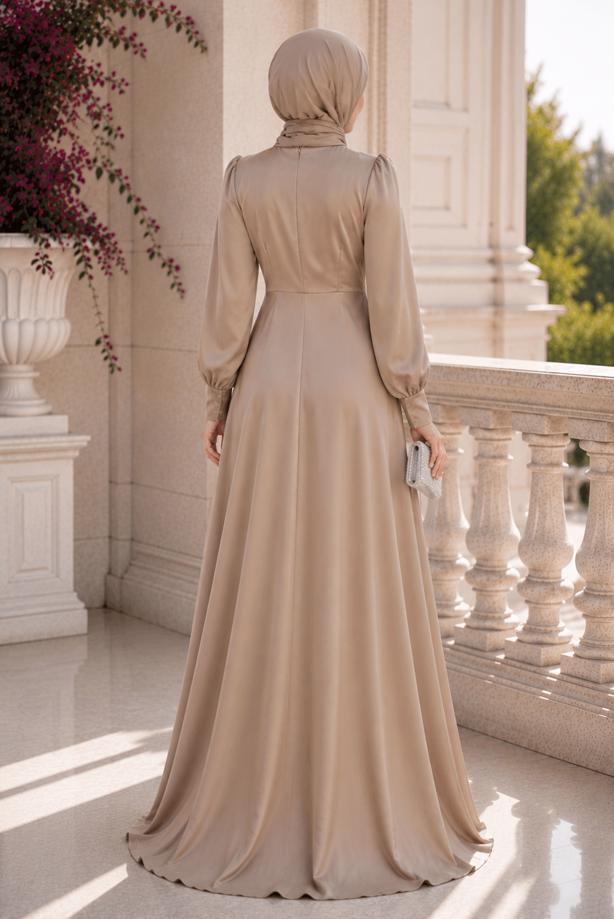 Hijab clothing BEIGE SATIN EVENING DRESS T 1626 - TRENDTESETTÜR