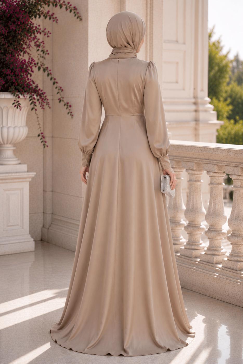 Hijab clothing BEIGE SATIN EVENING DRESS T 1626