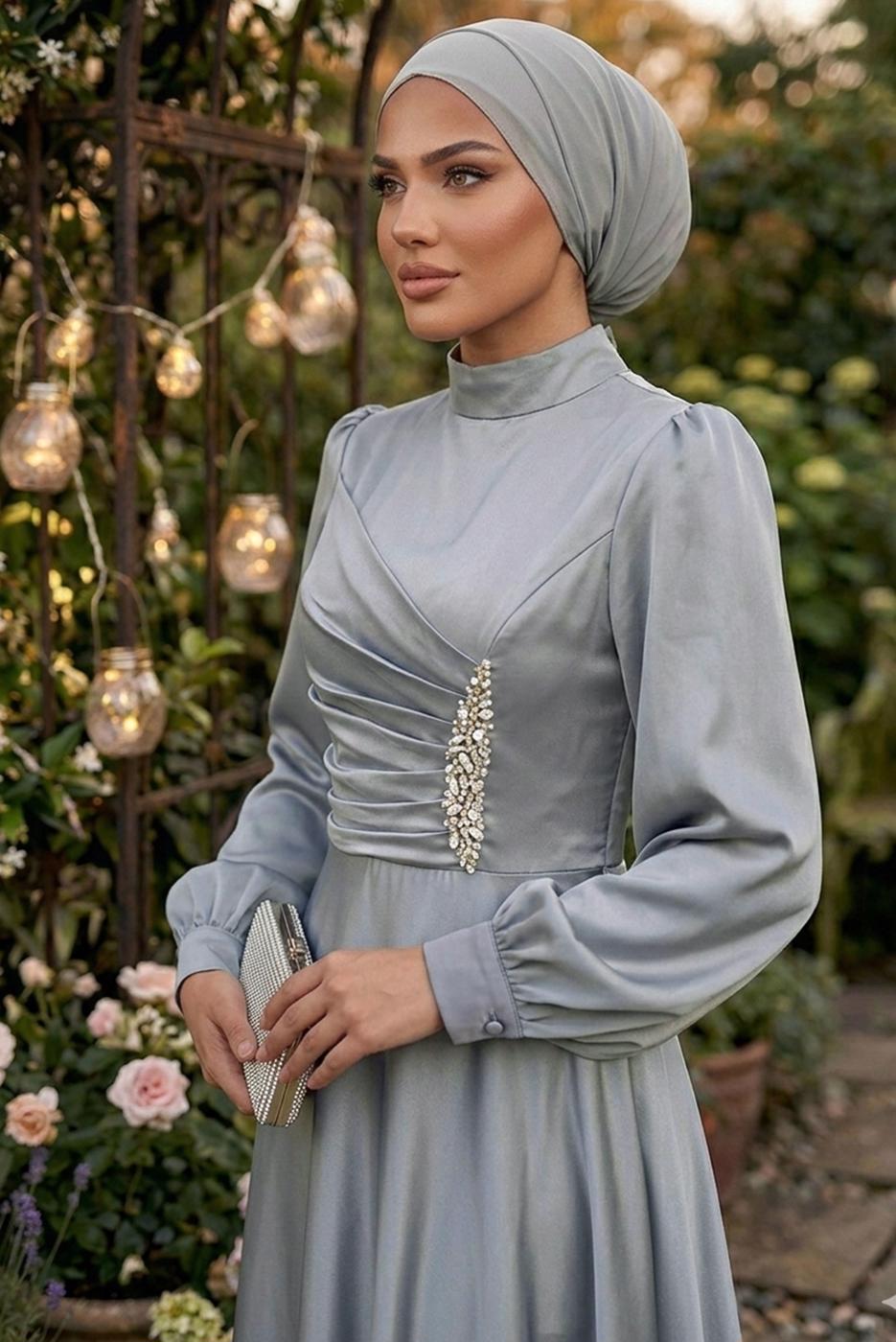 Tesettür giyim GRİ TAŞ İŞLEMELİ SATEN ABİYE T 1626