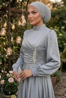 Tesettür giyim GRİ TAŞ İŞLEMELİ SATEN ABİYE T 1626