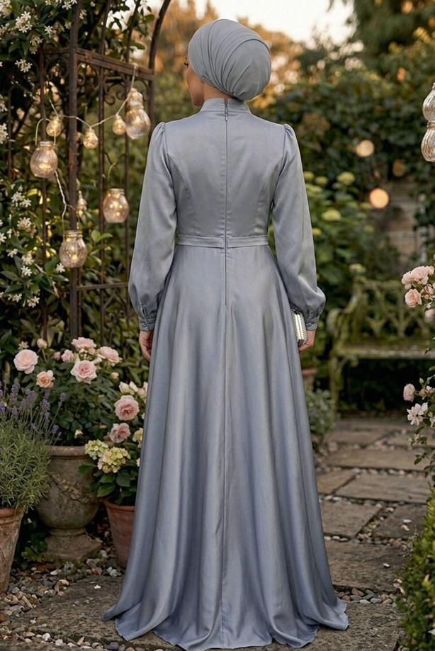 Hijab clothing GREY SATIN EVENING DRESS T 1626 - TRENDTESETTÜR