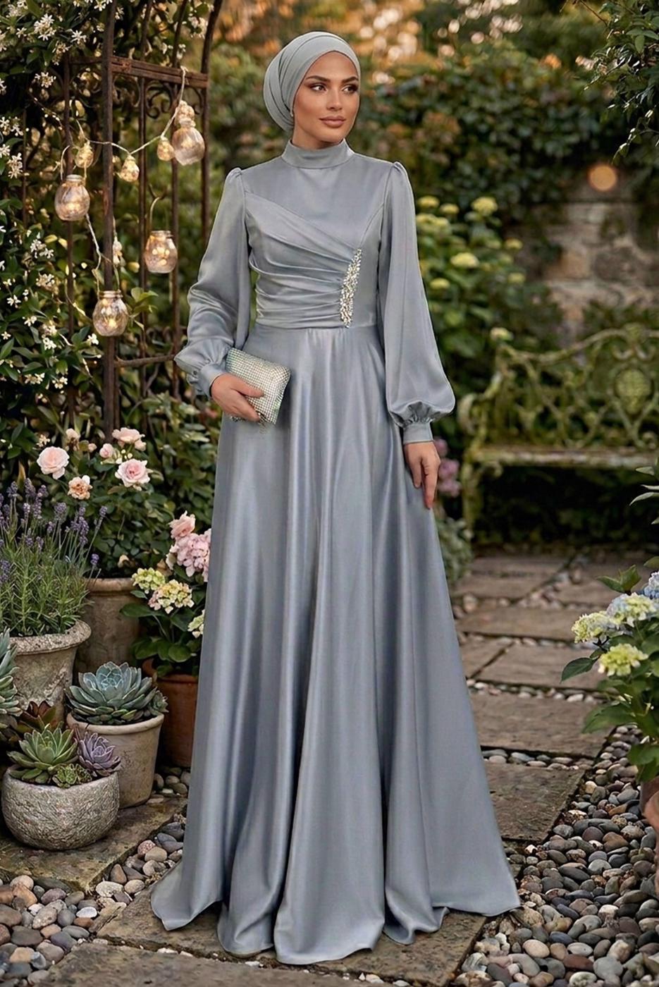 Tesettür giyim GRİ TAŞ İŞLEMELİ SATEN ABİYE T 1626