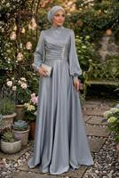 Tesettür giyim GRİ TAŞ İŞLEMELİ SATEN ABİYE T 1626