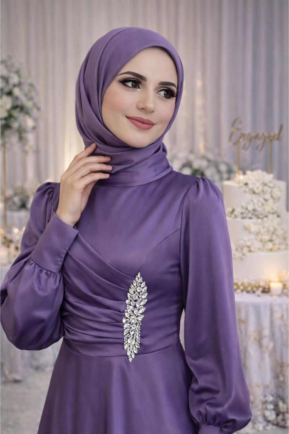 Tesettür giyim MOR TAŞ İŞLEMELİ SATEN ABİYE T 1626