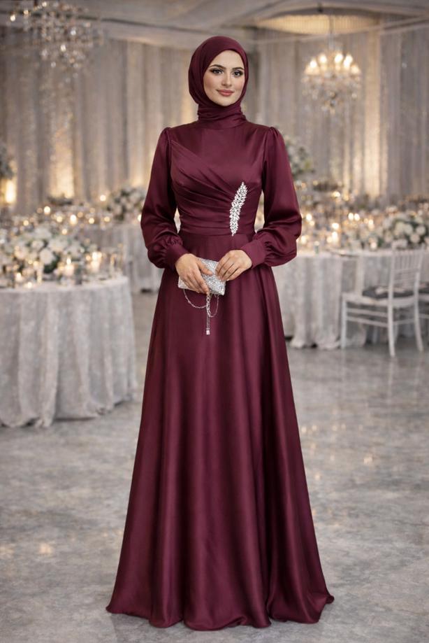 Tesettür giyim  TAŞ İŞLEMELİ SATEN ABİYE T 1626