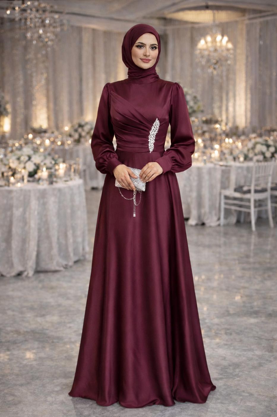 Tesettür giyim BORDO TAŞ İŞLEMELİ SATEN ABİYE T 1626