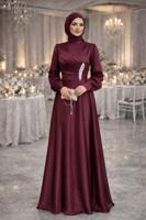 Tesettür giyim BORDO TAŞ İŞLEMELİ SATEN ABİYE T 1626