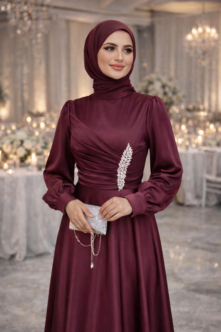 Tesettür giyim BORDO TAŞ İŞLEMELİ SATEN ABİYE T 1626