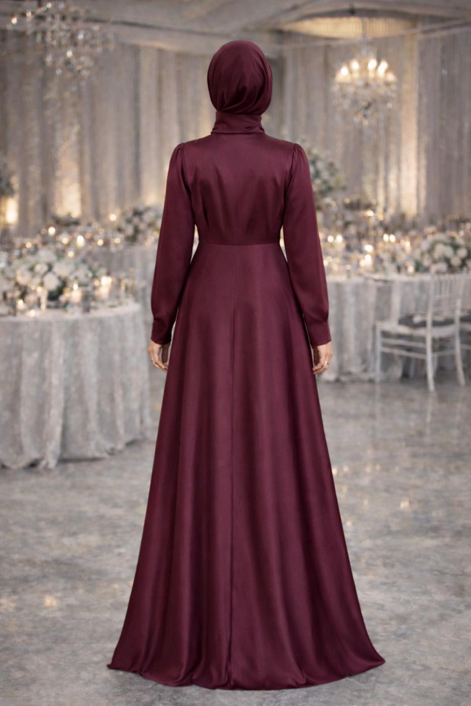 Tesettür giyim BORDO TAŞ İŞLEMELİ SATEN ABİYE T 1626