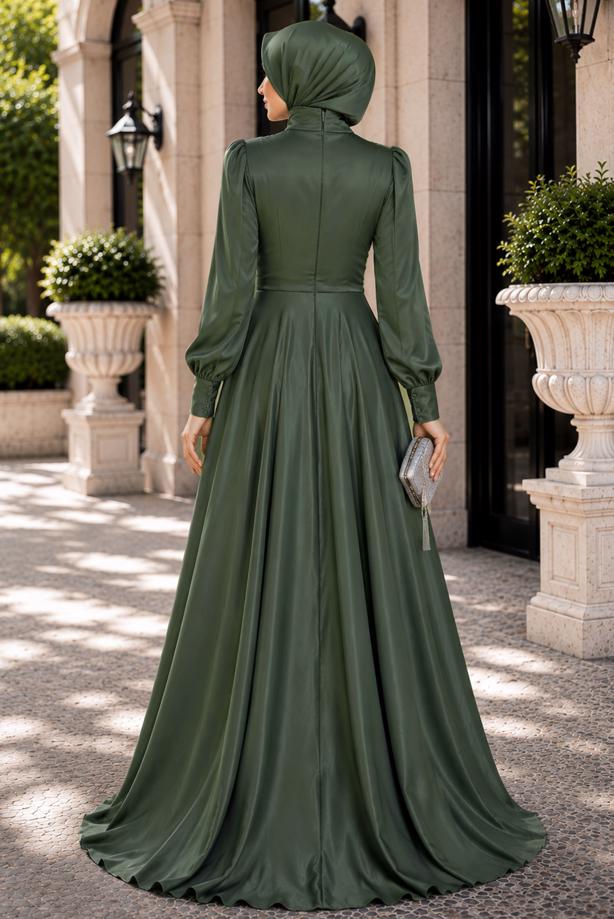 Hijab clothing KHAKI SATIN EVENING DRESS T 1626 - TRENDTESETTÜR