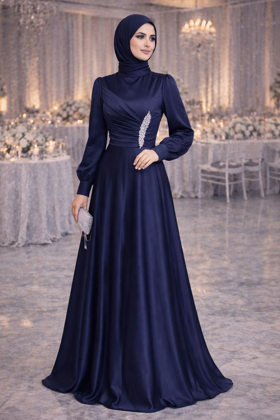 Tesettür giyim LACİVERT TAŞ İŞLEMELİ SATEN ABİYE T 1626