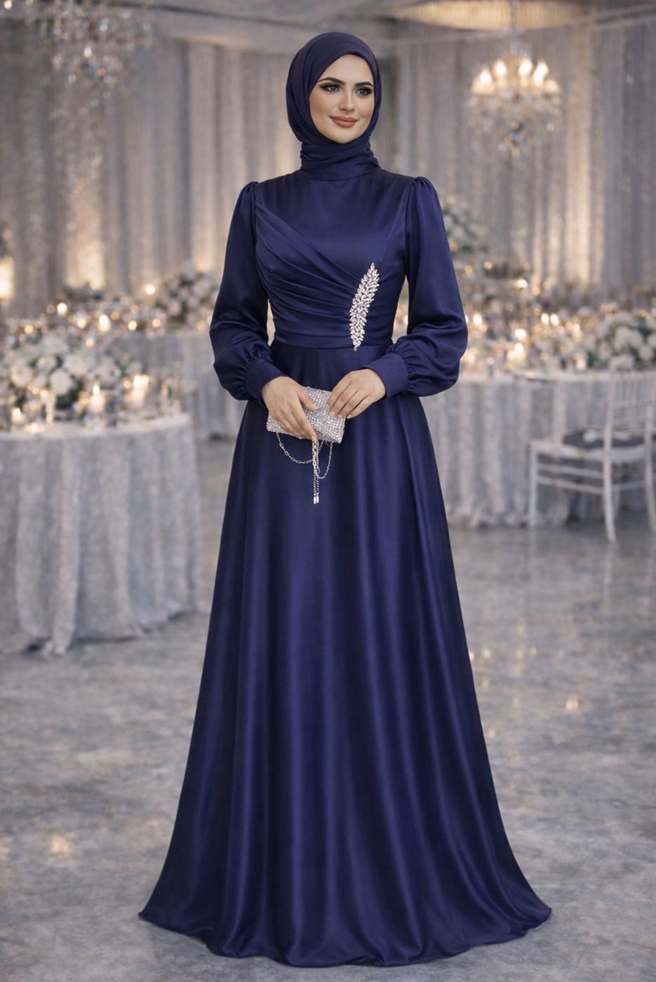 Tesettür giyim LACİVERT TAŞ İŞLEMELİ SATEN ABİYE T 1626