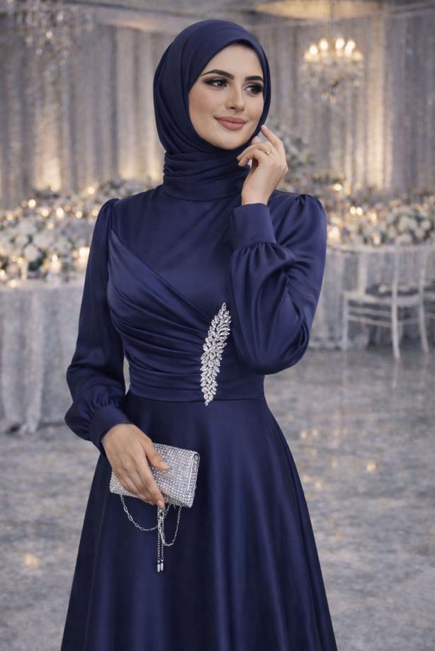 Tesettür giyim LACİVERT TAŞ İŞLEMELİ SATEN ABİYE T 1626 - TRENDTESETTÜR