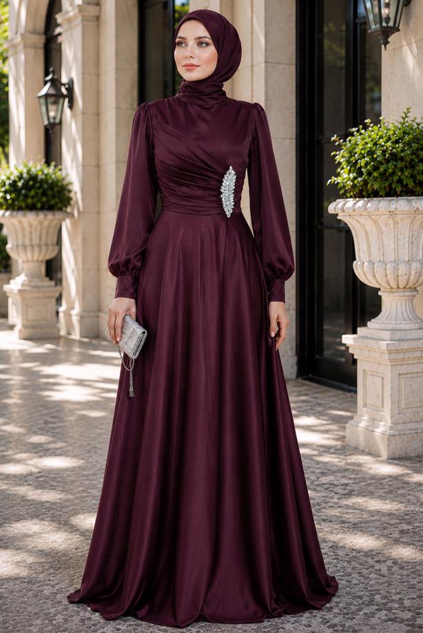Hijab clothing PLUM SATIN EVENING DRESS T 1626 - TRENDTESETTÜR