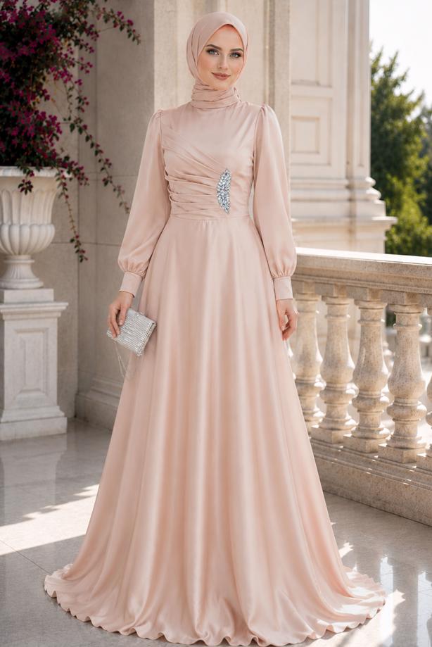 Vêtements hijab BEIGE ROBE DE SOIRÉE EN SATIN T 1626 - TRENDTESETTÜR
