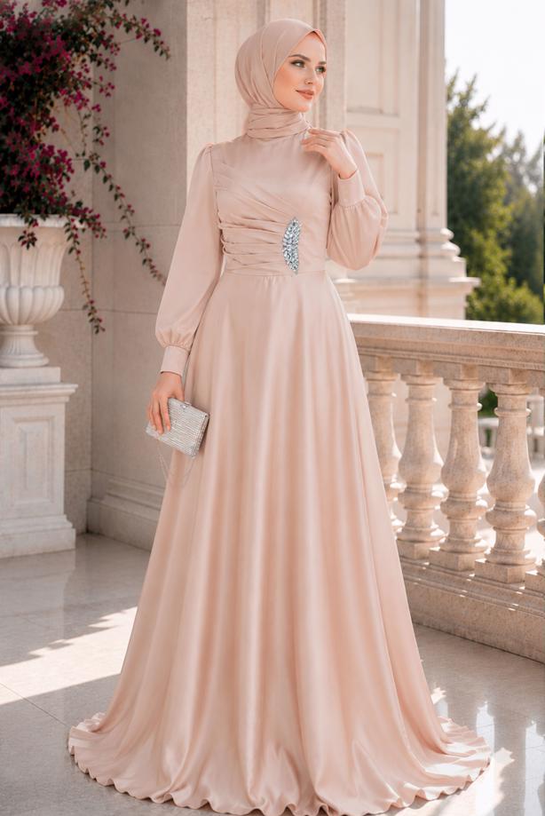 Vêtements hijab BEIGE ROBE DE SOIRÉE EN SATIN T 1626 - TRENDTESETTÜR