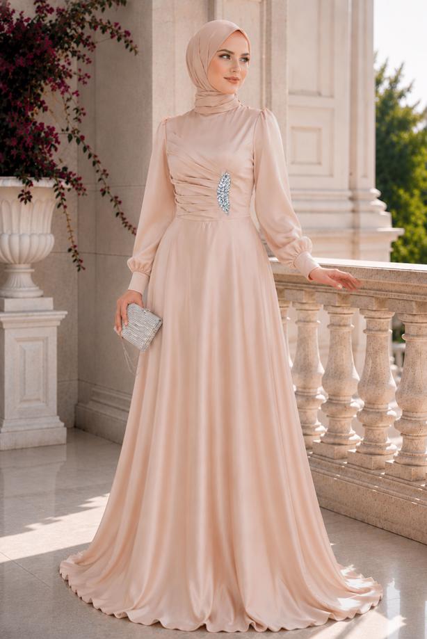 Vêtements hijab BEIGE ROBE DE SOIRÉE EN SATIN T 1626 - TRENDTESETTÜR