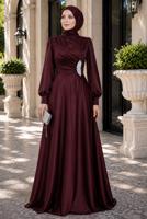 Tesettür giyim BORDO TAŞ İŞLEMELİ SATEN ABİYE T 1626