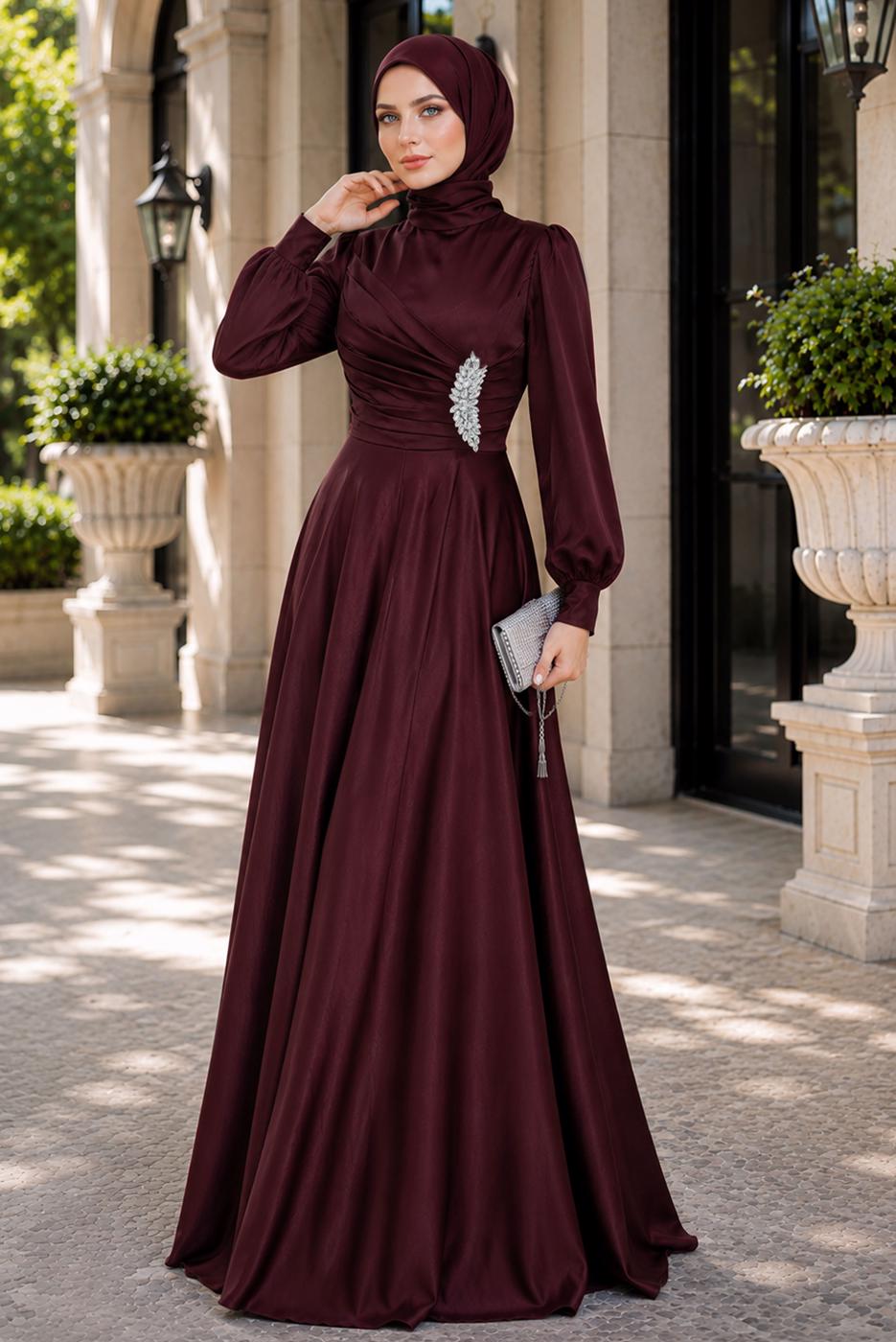 Tesettür giyim BORDO TAŞ İŞLEMELİ SATEN ABİYE T 1626