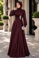 Tesettür giyim BORDO TAŞ İŞLEMELİ SATEN ABİYE T 1626