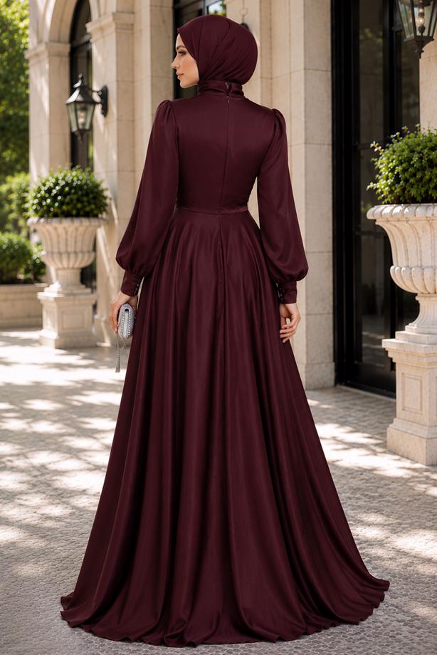 Hijab clothing CLARET RED SATIN EVENING DRESS T 1626 - TRENDTESETTÜR