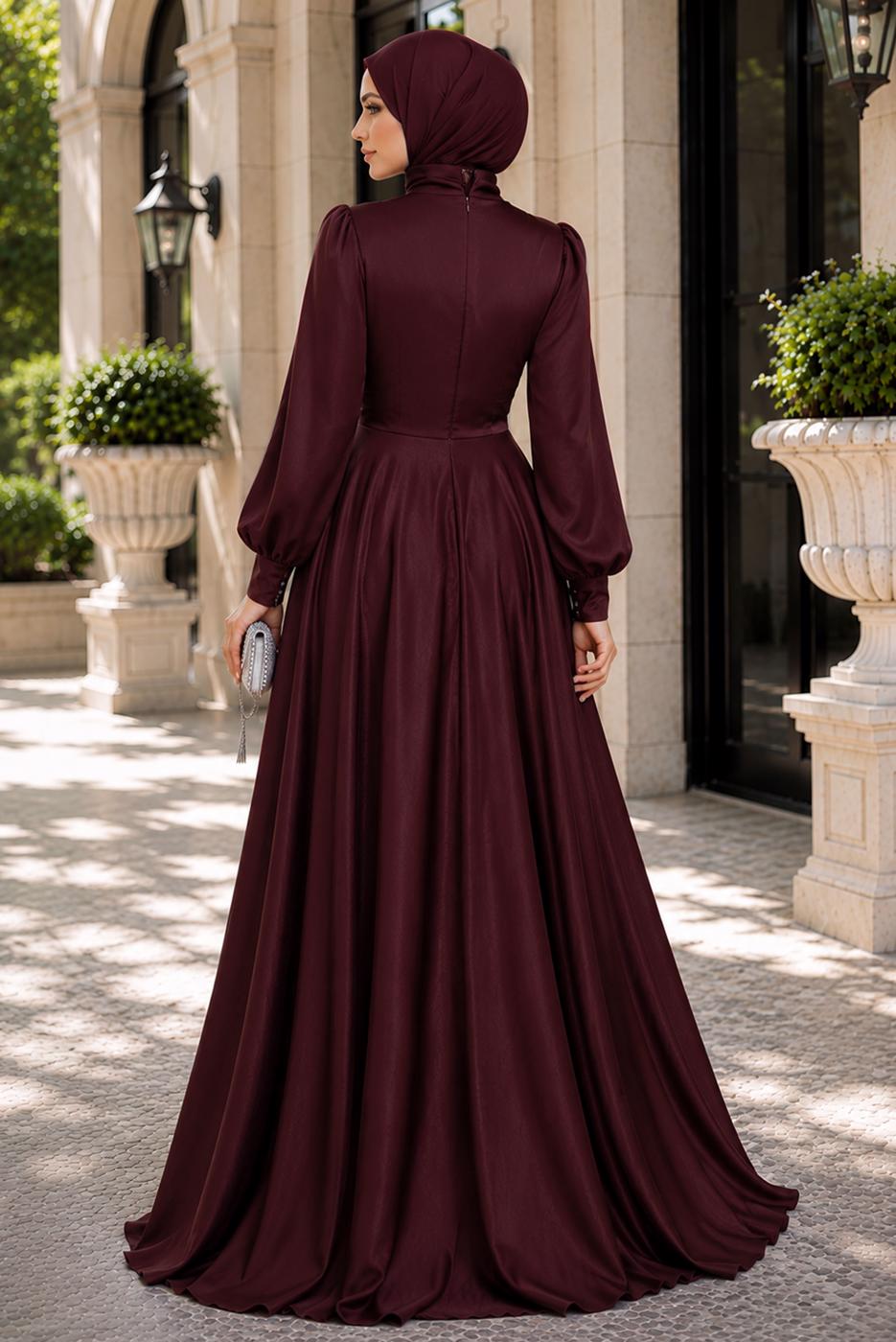 Tesettür giyim BORDO TAŞ İŞLEMELİ SATEN ABİYE T 1626