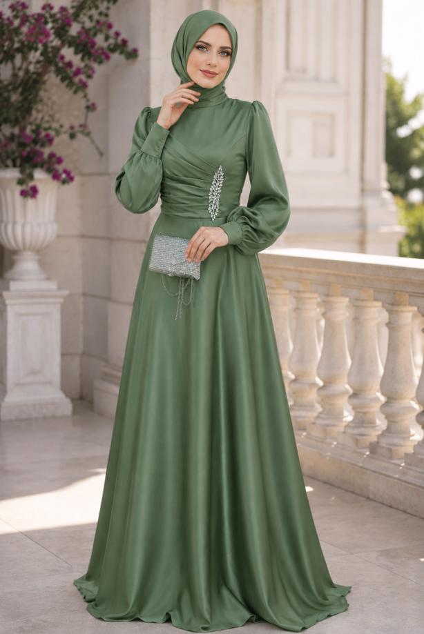 Hijab clothing GREEN SATIN EVENING DRESS T 1626 - TRENDTESETTÜR