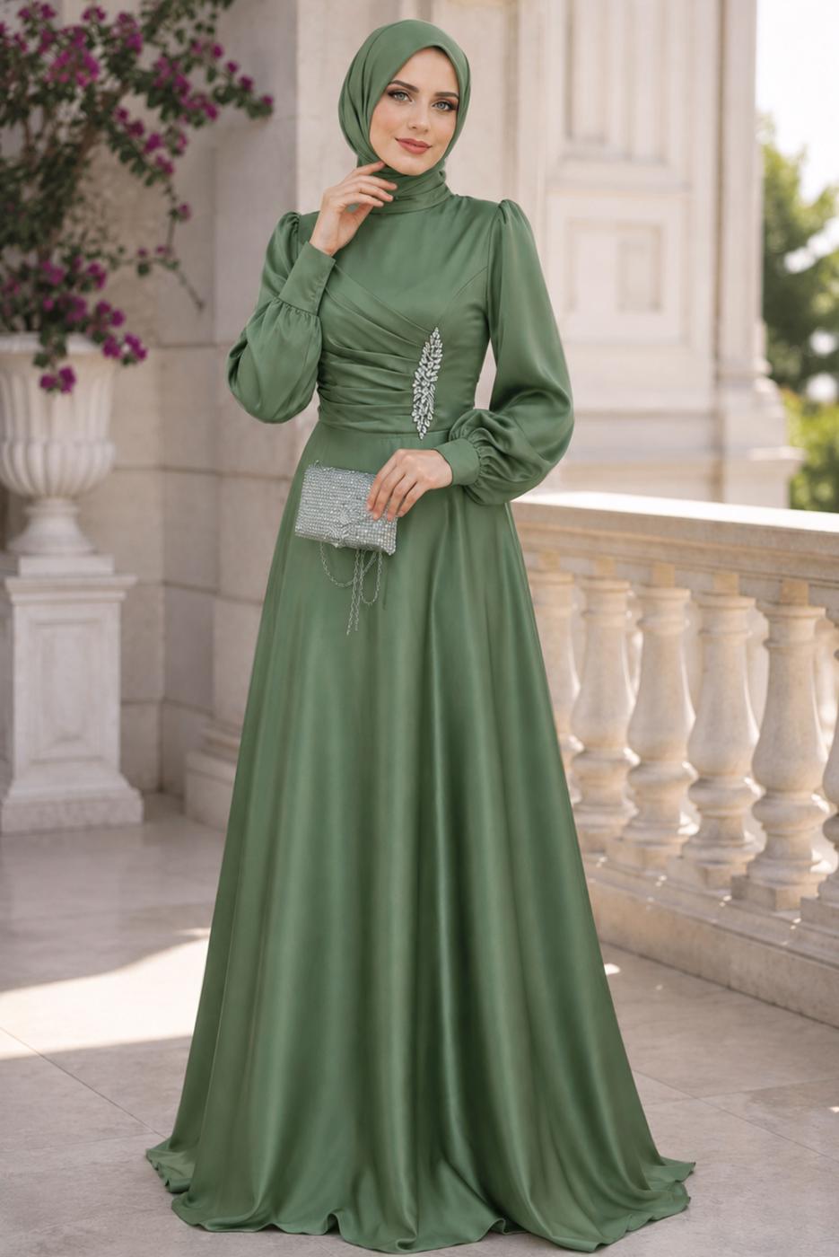 Hijab clothing GREEN SATIN EVENING DRESS T 1626