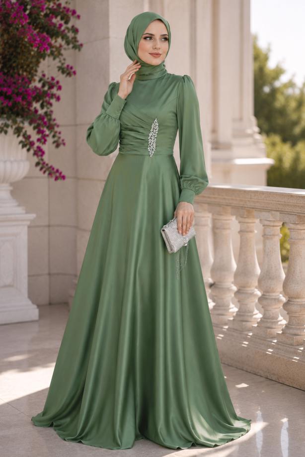 Hijab clothing GREEN SATIN EVENING DRESS T 1626 - TRENDTESETTÜR