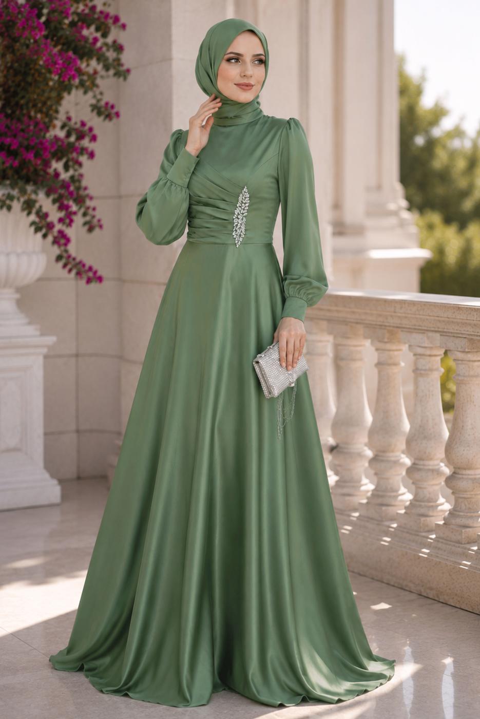 Hijab clothing GREEN SATIN EVENING DRESS T 1626