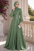 Hijab clothing GREEN SATIN EVENING DRESS T 1626