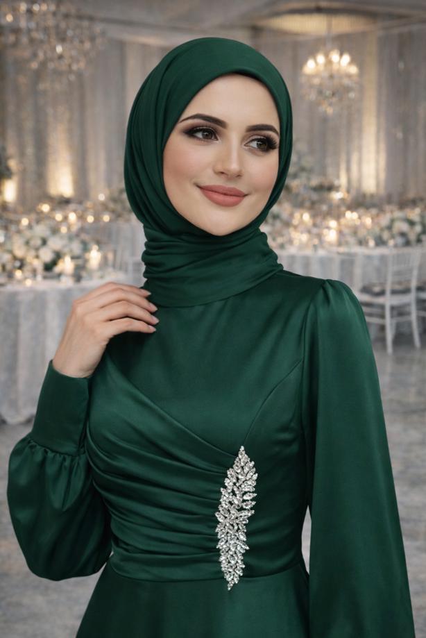 Hijab clothing GREEN SATIN EVENING DRESS T 1626 - TRENDTESETTÜR