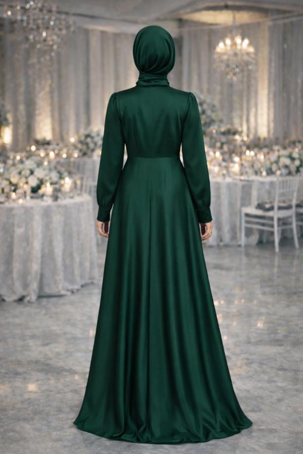 Hijab clothing GREEN SATIN EVENING DRESS T 1626 - TRENDTESETTÜR
