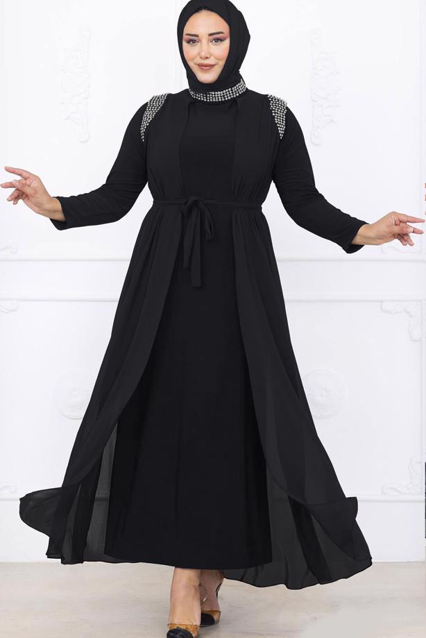 Hijab clothing BLACK EVENING DRESS WITH CHIFFON CAPE T 1731 - TRENDTESETTÜR