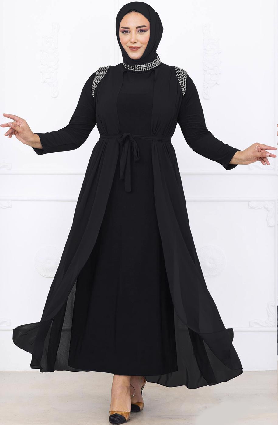 Hijab clothing BLACK EVENING DRESS WITH CHIFFON CAPE T 1731