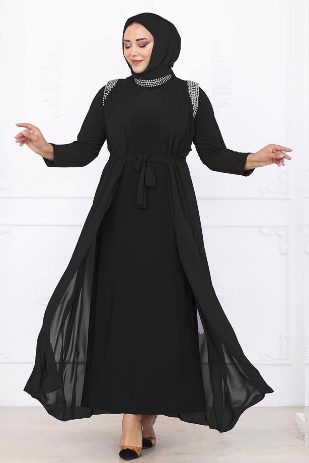 Hijab clothing BLACK EVENING DRESS WITH CHIFFON CAPE T 1731 - TRENDTESETTÜR