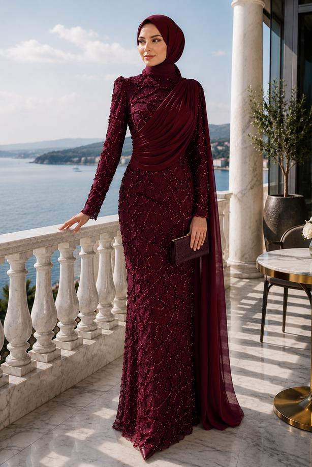 Tesettür giyim BORDO PELERİN DETAYLI ABİYE ELBİSE T 1763 - TRENDTESETTÜR