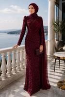 Tesettür giyim BORDO PELERİN DETAYLI ABİYE ELBİSE T 1763