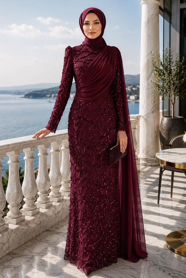Tesettür giyim BORDO PELERİN DETAYLI ABİYE ELBİSE T 1763 - TRENDTESETTÜR