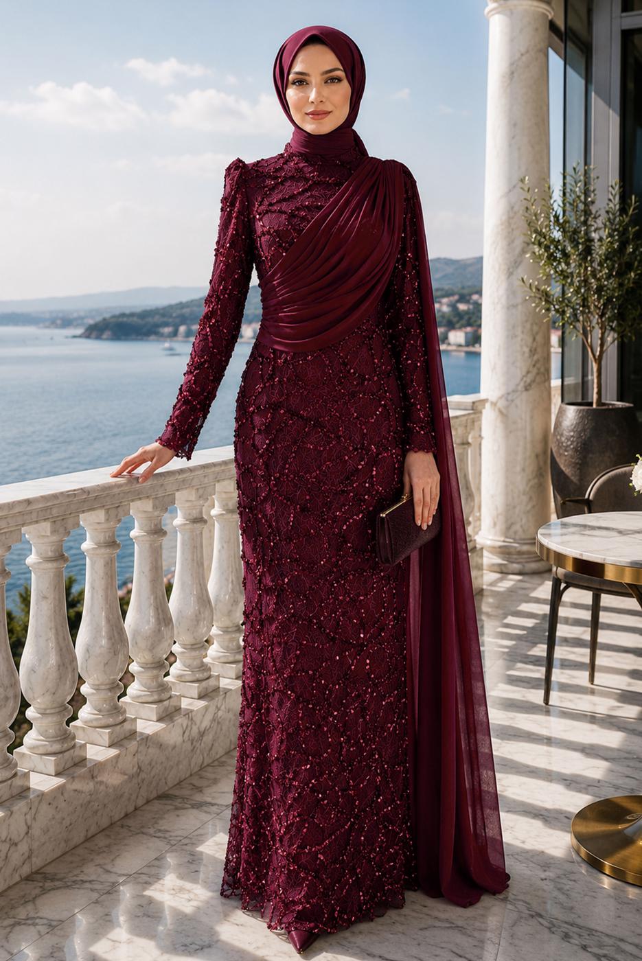Tesettür giyim BORDO PELERİN DETAYLI ABİYE ELBİSE T 1763