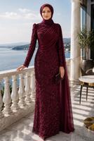 Tesettür giyim BORDO PELERİN DETAYLI ABİYE ELBİSE T 1763