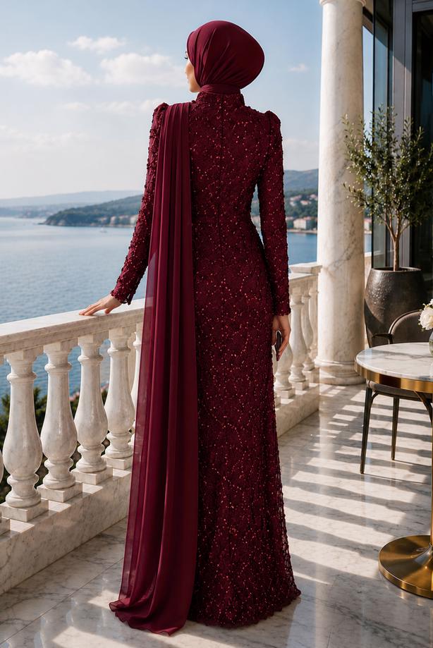 Tesettür giyim BORDO PELERİN DETAYLI ABİYE ELBİSE T 1763 - TRENDTESETTÜR