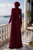 Tesettür giyim BORDO PELERİN DETAYLI ABİYE ELBİSE T 1763
