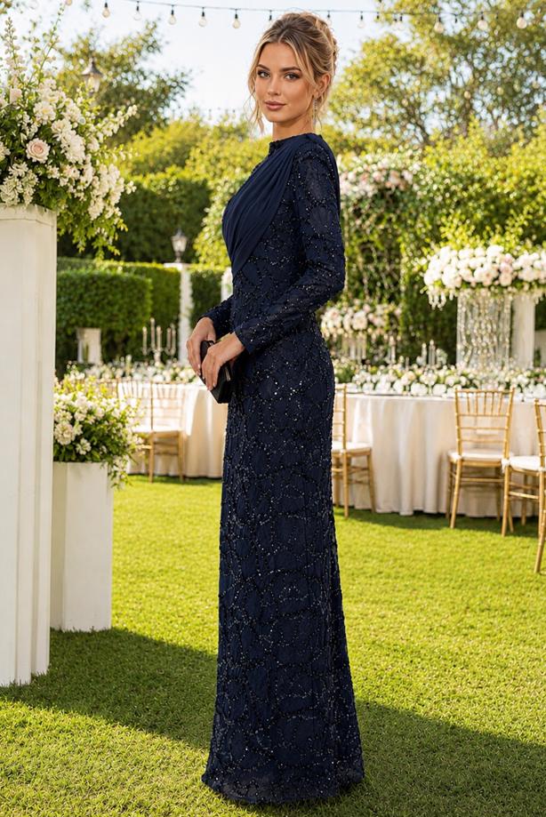 Tesettür giyim LACİVERT PELERİN DETAYLI ABİYE ELBİSE T 1763 - TRENDTESETTÜR