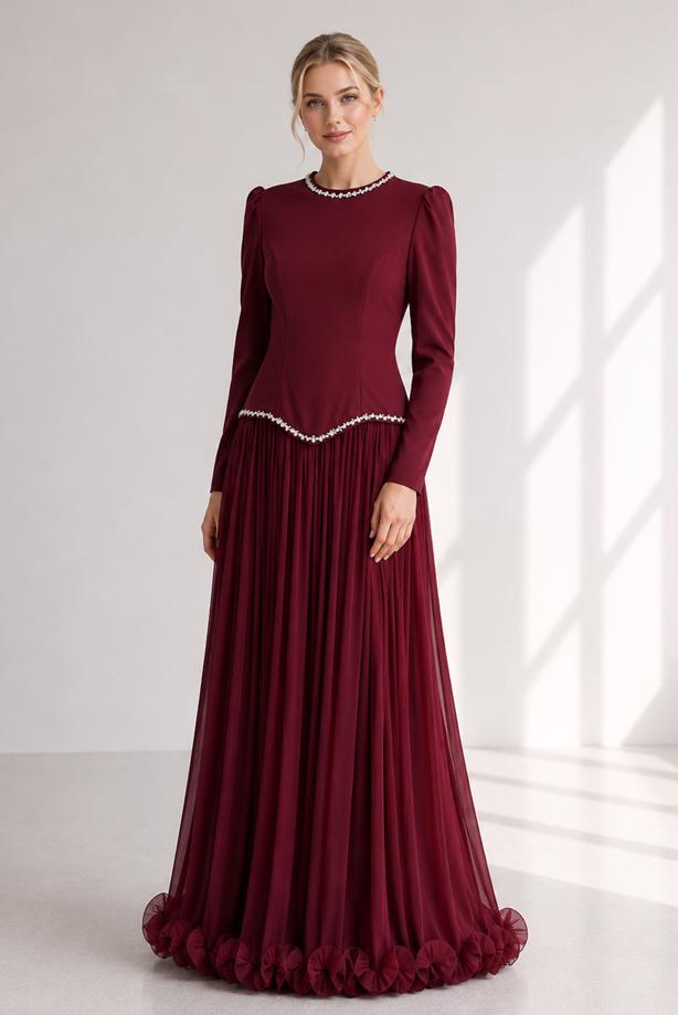 Tesettür giyim BORDO TAŞ İŞLEMELİ SATEN ABİYE ELBİSE T 1784 - TRENDTESETTÜR
