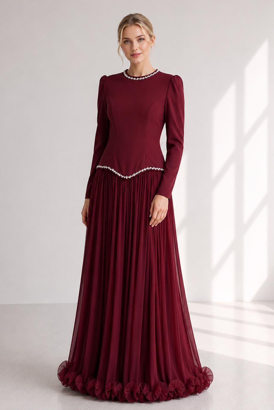Tesettür giyim BORDO TAŞ İŞLEMELİ SATEN ABİYE ELBİSE T 1784