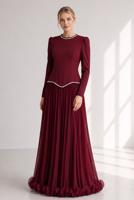 Tesettür giyim BORDO TAŞ İŞLEMELİ SATEN ABİYE ELBİSE T 1784