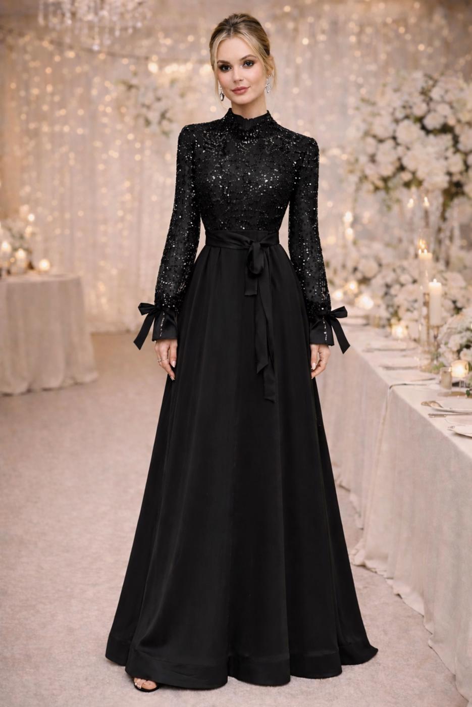 Tesettür giyim SİYAH KUŞAKLI BONCUKLU ABİYE ELBİSE T 2326